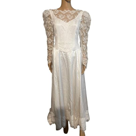 Vintage White Lace Wedding Dress Long Sleeve V-Neck S - Picture 3 of 9